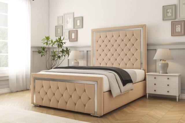 "Comfort Beds Sofia Chrome Plush Bed Frame - 50"" Upholstered Headboard in Stone - Size: Super King" - image 1