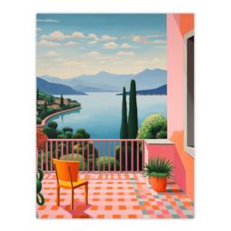 "Wee Blue Coo Wall Art Print A Veranda In Italy Oil Painting Blue Pink Green Peaceful Morning in Mediterranean Holiday Villa Poster - Size: W18"" x H24""" - thumbnail 1