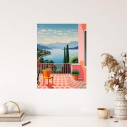 "Wee Blue Coo Wall Art Print A Veranda In Italy Oil Painting Blue Pink Green Peaceful Morning in Mediterranean Holiday Villa Poster - Size: W18"" x H24""" - thumbnail 4
