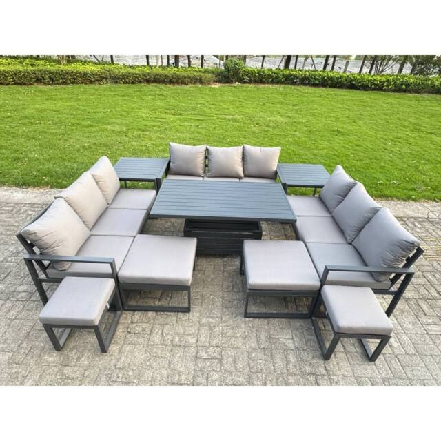 Fimous Aluminum Modern Patio Conversation Set with Lifting Table, 4 Footstools in Dark Grey - image 1