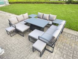 Fimous Aluminum Modern Patio Conversation Set with Lifting Table, 4 Footstools in Dark Grey - thumbnail 2