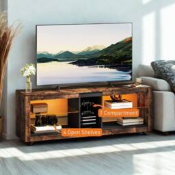 FURNOS Industrial TV Stand Unit With Storage Shelves & LED Lights in Brown - thumbnail 3