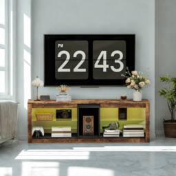 FURNOS Industrial TV Stand Unit With Storage Shelves & LED Lights in Brown - thumbnail 2