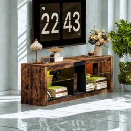 FURNOS Industrial TV Stand Unit With Storage Shelves & LED Lights in Brown - thumbnail 7