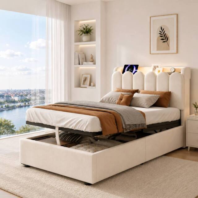 BTM 3FT Velvet Ottoman Bed USB Type-C Reading Light Beige - Size: Single - image 1