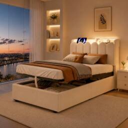 BTM 3FT Velvet Ottoman Bed USB Type-C Reading Light Beige - Size: Single - thumbnail 2