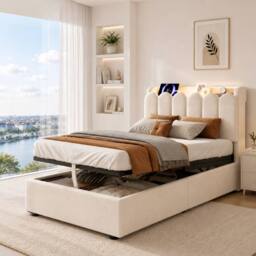 BTM 3FT Velvet Ottoman Bed USB Type-C Reading Light Beige - Size: Single
