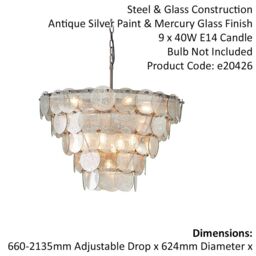 Loops Antique Silver Tiered Mercury Glass Ceiling Pendant - 9 Bulb Light Fitting in Metallics - thumbnail 2