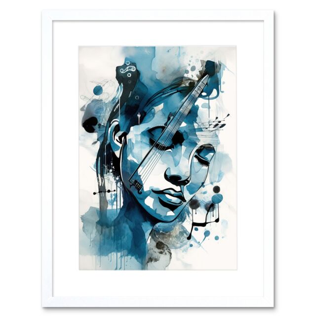 "Artery8 Wall Art Print Melody Muse a Musician's Vision in Midnight Blue Modern Watercolour Painting Artwork Framed 9X7 Inch in White - Size: W7"" x H9""" - image 1