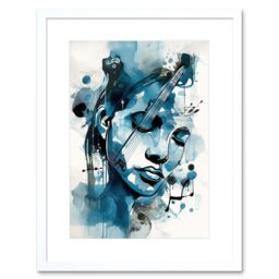 "Artery8 Wall Art Print Melody Muse a Musician's Vision in Midnight Blue Modern Watercolour Painting Artwork Framed 9X7 Inch in White - Size: W7"" x H9""" - thumbnail 1