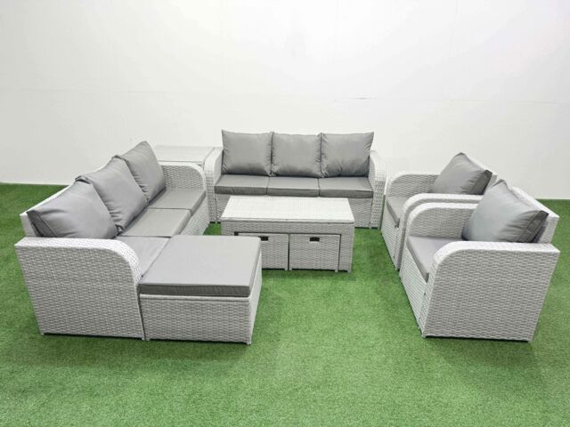 Fimous PE Rattan High Back Lounge Sofa Set Patio Oblong Coffee Table & Chairs Set with 3 Seater Sofa Reclining Chair 3 Stools Side Table Light Grey - image 1