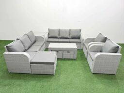 Fimous PE Rattan High Back Lounge Sofa Set Patio Oblong Coffee Table & Chairs Set with 3 Seater Sofa Reclining Chair 3 Stools Side Table Light Grey - thumbnail 1