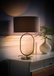 ValueLights Antonia Fabric Drum Lamp Shade Brushed Chrome Oval Table Lamp & Bulb in Charcoal - thumbnail 1