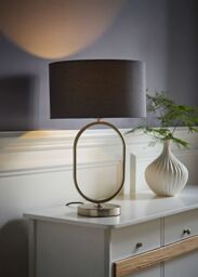 ValueLights Antonia Fabric Drum Lamp Shade Brushed Chrome Oval Table Lamp & Bulb in Charcoal - thumbnail 2