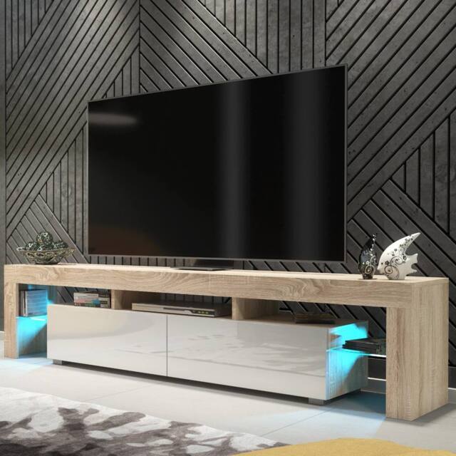 Mex Furniture LTD TV Unit Nova 200cm - Oak & White Gloss Doors & LED Lights - image 1