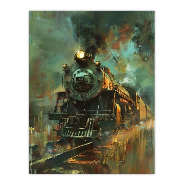 "Artery8 Steam Train on Tracks Modern Painting Dark Wall Art Print in Blue - Size: W24"" x H32""" - image 1