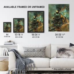 "Artery8 Steam Train on Tracks Modern Painting Dark Wall Art Print in Blue - Size: W24"" x H32""" - thumbnail 3