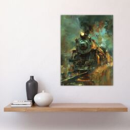 "Artery8 Steam Train on Tracks Modern Painting Dark Wall Art Print in Blue - Size: W24"" x H32""" - thumbnail 4