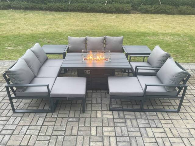 Fimous Aluminium Outdoor Garden Furniture Set Patio Lounge Sofa Gas Fire Pit Dining Table Set with 2 Side Tables 2 Big Footstools in Dark Grey - image 1