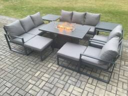 Fimous Aluminium Outdoor Garden Furniture Set Patio Lounge Sofa Gas Fire Pit Dining Table Set with 2 Side Tables 2 Big Footstools in Dark Grey - thumbnail 2