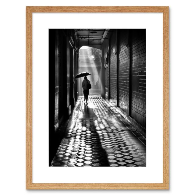"Artery8 Wall Art Print Walking Through the Alley Black & White Photo Artwork Framed 9X7 Inch in Beige - Size: W7"" x H9""" - image 1