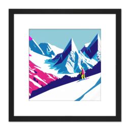 Artery8 Skier Ski Aspen France Switzerland Snowy Snow Mountain Landscape Vibrant Blue Pink Winter Sport Square Wooden Framed Wall Art Print Picture - thumbnail 1