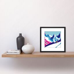 Artery8 Skier Ski Aspen France Switzerland Snowy Snow Mountain Landscape Vibrant Blue Pink Winter Sport Square Wooden Framed Wall Art Print Picture - thumbnail 2