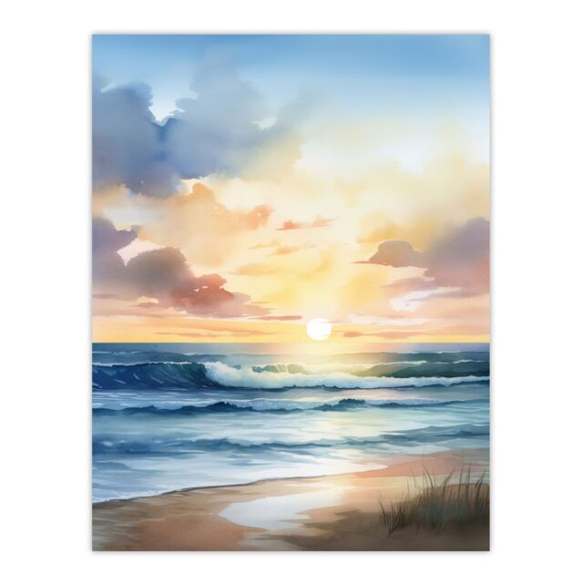 "Artery8 Wall Art Print Watercolour Waves Deserted Beach Seascape Poster in Blue - Size: W24"" x H32""" - image 1