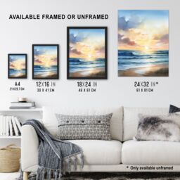 "Artery8 Wall Art Print Watercolour Waves Deserted Beach Seascape Poster in Blue - Size: W24"" x H32""" - thumbnail 3