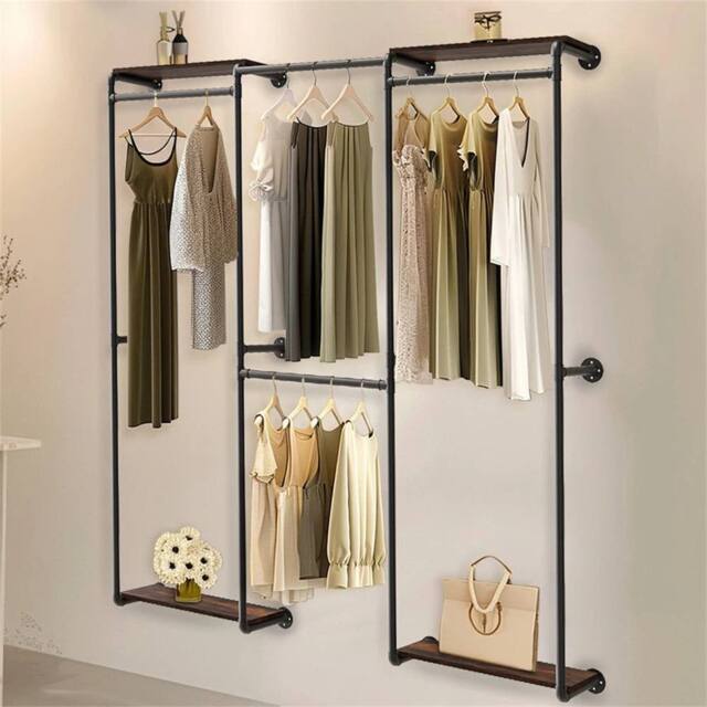 Kelvenix 2 in 1 Industrial Metal Pipe Clothing Rack Wall Clothes Rail in Black - image 1