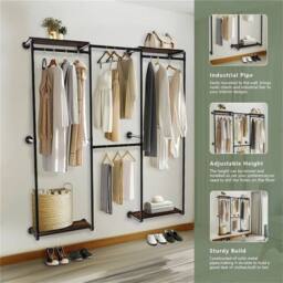 Kelvenix 2 in 1 Industrial Metal Pipe Clothing Rack Wall Clothes Rail in Black - thumbnail 5