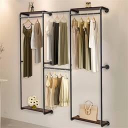 Kelvenix 2 in 1 Industrial Metal Pipe Clothing Rack Wall Clothes Rail in Black - thumbnail 1