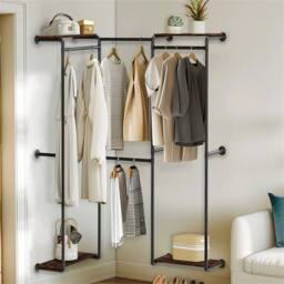 Kelvenix 2 in 1 Industrial Metal Pipe Clothing Rack Wall Clothes Rail in Black - thumbnail 4
