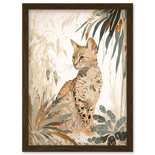 Artery8 Savannah Cat with Colourful Fur Pattern in Nature Modern Watercolour Illustration Artwork Framed Wall Art Print A4 in Brown - image 1