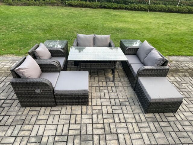 Fimous Outdoor Rattan Garden Furniture 9 piece Grey Patio Furniture Set 8 Seater Lounge Sofa Set with Rectangular Table in Dark Grey - image 1