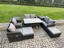 Fimous Outdoor Rattan Garden Furniture 9 piece Grey Patio Furniture Set 8 Seater Lounge Sofa Set with Rectangular Table in Dark Grey - thumbnail 2