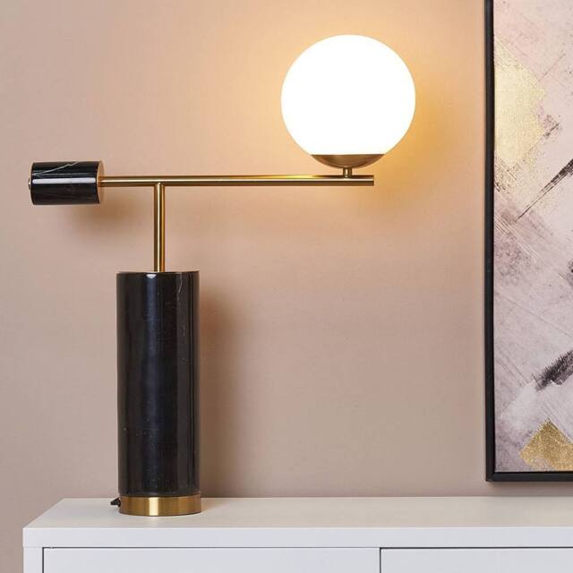 Wyld and Coco Table Lamp Black Marble Base Gold Arm Glass Shade Modern Living - image 1
