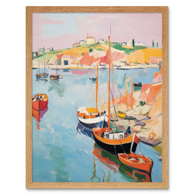 "Artery8 Wall Art Print Boats in Harbour Fishing Village Coastal Landscape Colourful Abstract Watercolour Painting Art Framed - Size: W12"" x H16""" - image 1