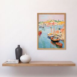 "Artery8 Wall Art Print Boats in Harbour Fishing Village Coastal Landscape Colourful Abstract Watercolour Painting Art Framed - Size: W12"" x H16""" - thumbnail 2