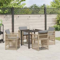 Berkfield Home Modern 5 Piece Garden Dining Set with Cushions Beige Poly Rattan - thumbnail 4