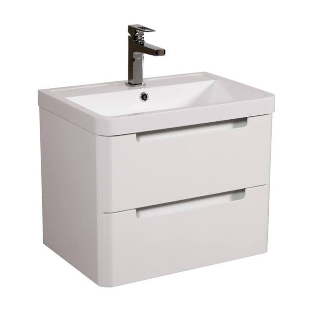 Bathroom Kingdom Monza Gloss White Wall Hung Slimline Basin Drawer Vanity 600mm - image 1
