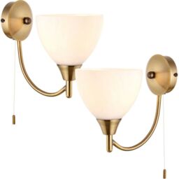 Loops 2 PACK Dimmable LED Wall Light Antique Brass & Frosted Glass Shade Curved Lamp in Clear