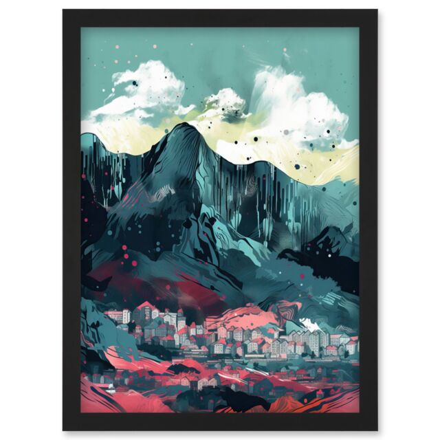 Artery8 Town Below Tall Mountain Cliffs Coral & Teal Artwork Framed Wall Art Print A4 in Black - image 1
