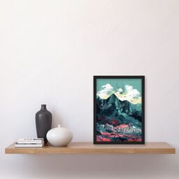 Artery8 Town Below Tall Mountain Cliffs Coral & Teal Artwork Framed Wall Art Print A4 in Black - thumbnail 2