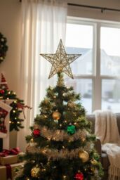 Living and Home Decorative Star Sequins Christmas Tree Topper with LED Lights in Gold