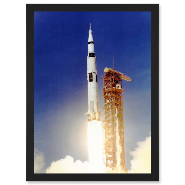 Artery8 Space Apollo 11 Launch Saturn V Rocket Blast Thrust Flame USA A4 Artwork Framed Wall Art Print in Black - image 1