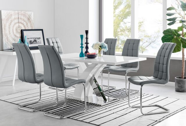 FurnitureboxUK Atlanta Modern Rectangle Chrome Metal High Gloss White Dining Table & 6 Murano Chairs Set in Grey - image 1