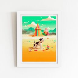 "Warren Reed - Designer Doggy On A Beach Holiday Framed Art Print in White - Size: W24"" x H36""" - thumbnail 1