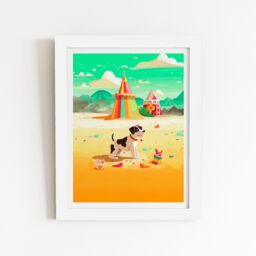 "Warren Reed - Designer Doggy On A Beach Holiday Framed Art Print in White - Size: W24"" x H36""" - thumbnail 2
