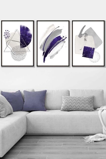 ARTZE Set of 3 Black Framed Abstract Purple Silver Watercolour Shapes Wall Art - Size: W53 cm x H73 cm x D20mm - image 1